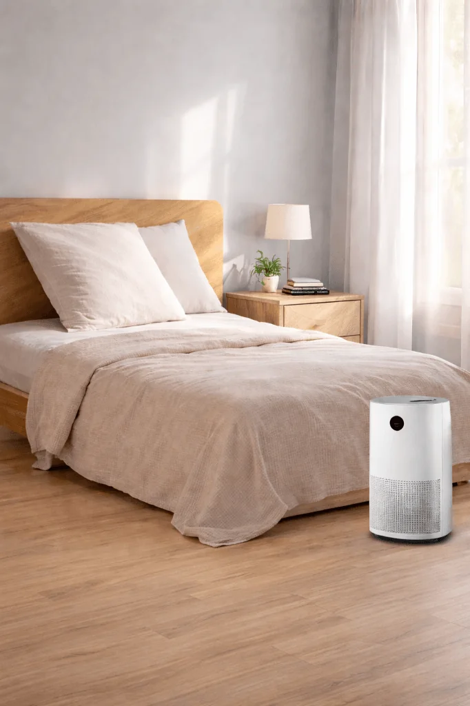 Dormitorio luminoso con purificador HEPA compacto