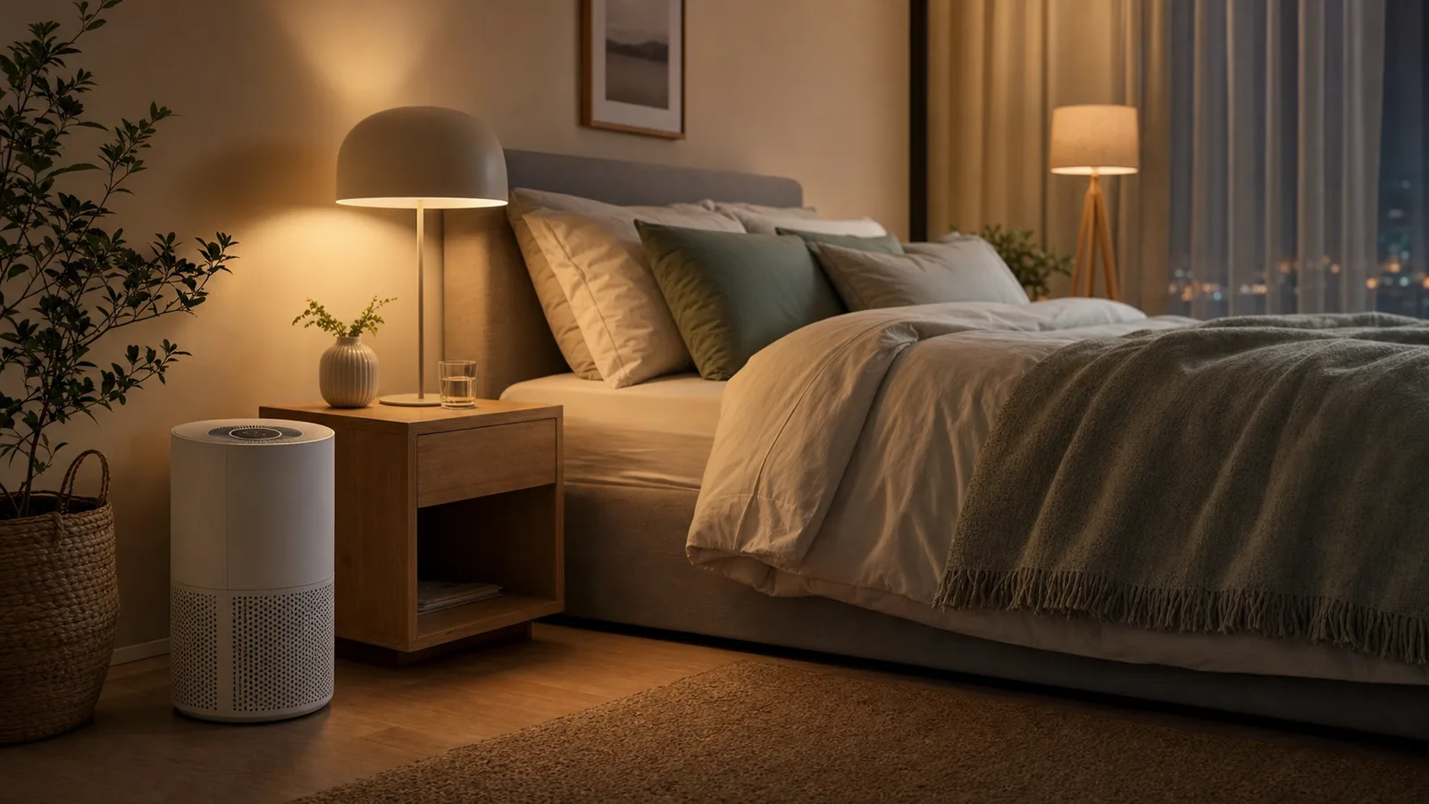 Purificador de aire funcionando en un dormitorio durante la noche