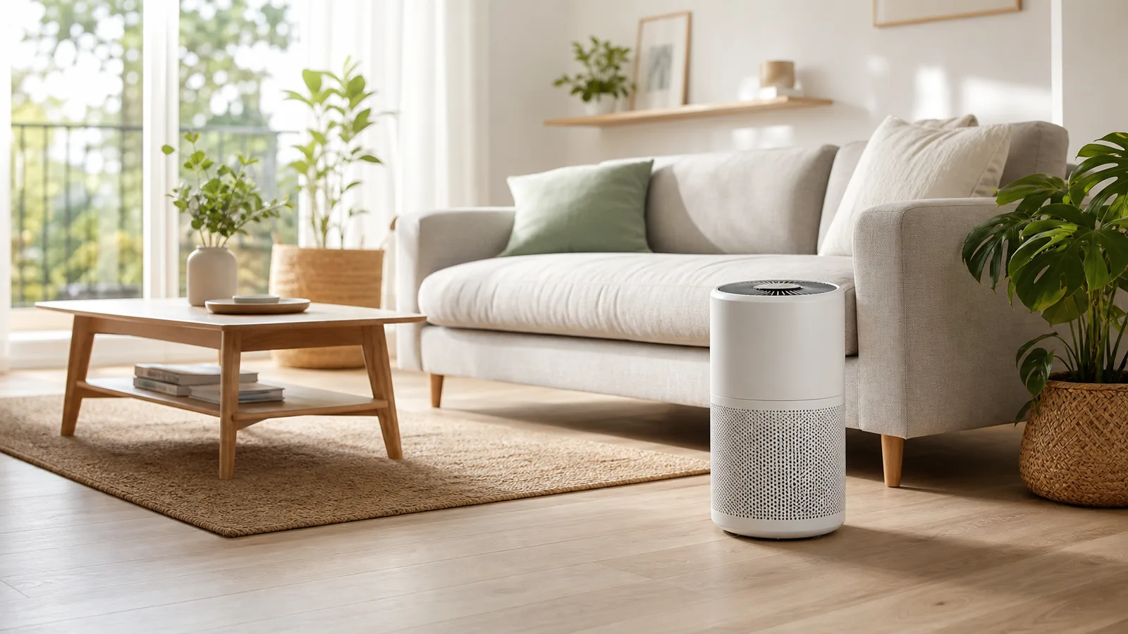 Purificador de aire en un salon luminoso con sofa y plantas